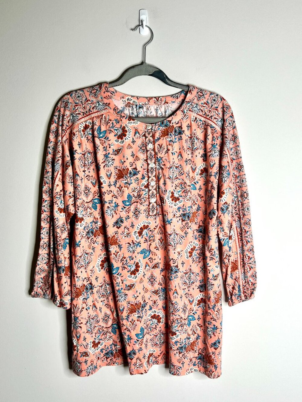 PureJill Printed Henley Tunic Coral Fall Floral Preppy Boho Lightweight Sz M